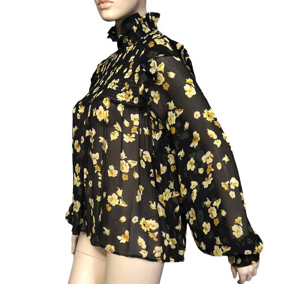 The Kooples Funnel Neck 100% Silk Sheer Smocked Floral Blouse Size Small - Picture 9 of 16